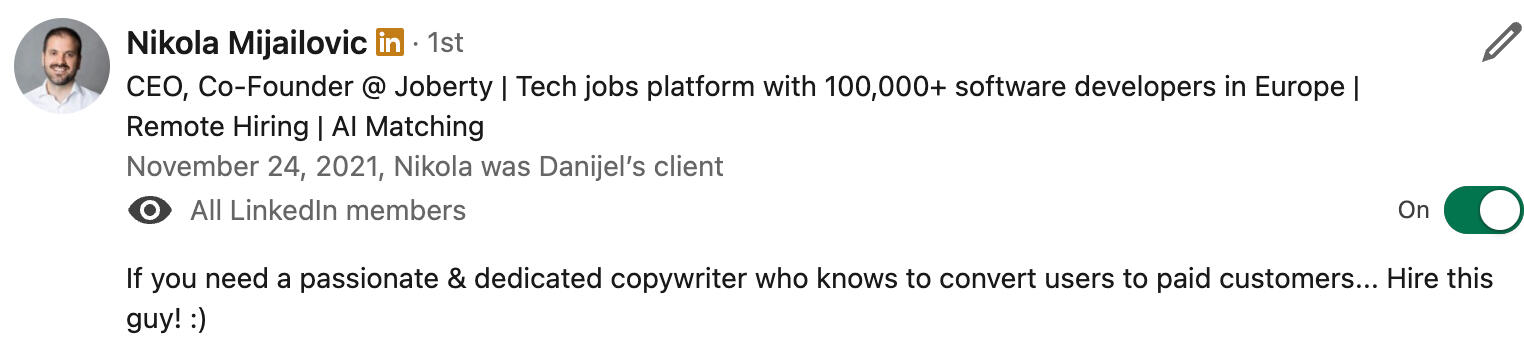 joberty nikola testimonial